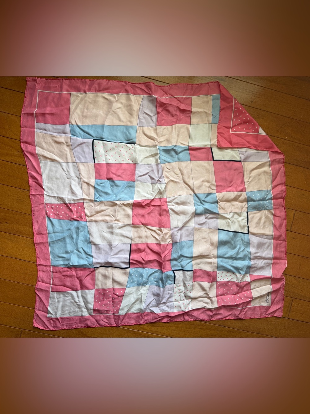 Vintage Pink Asymmetrical Patchwork Print Silk Scarf Peacock Wrap Handkerchief